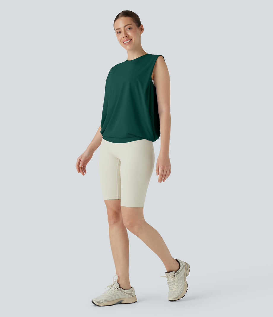 Round Neck Ruched Cool Touch Yoga Tank Top-UPF50+ - Rain Forest