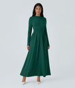 Mock-neck Long Sleeve Pocket Flare Maxi Casual Dress - Rain Forest