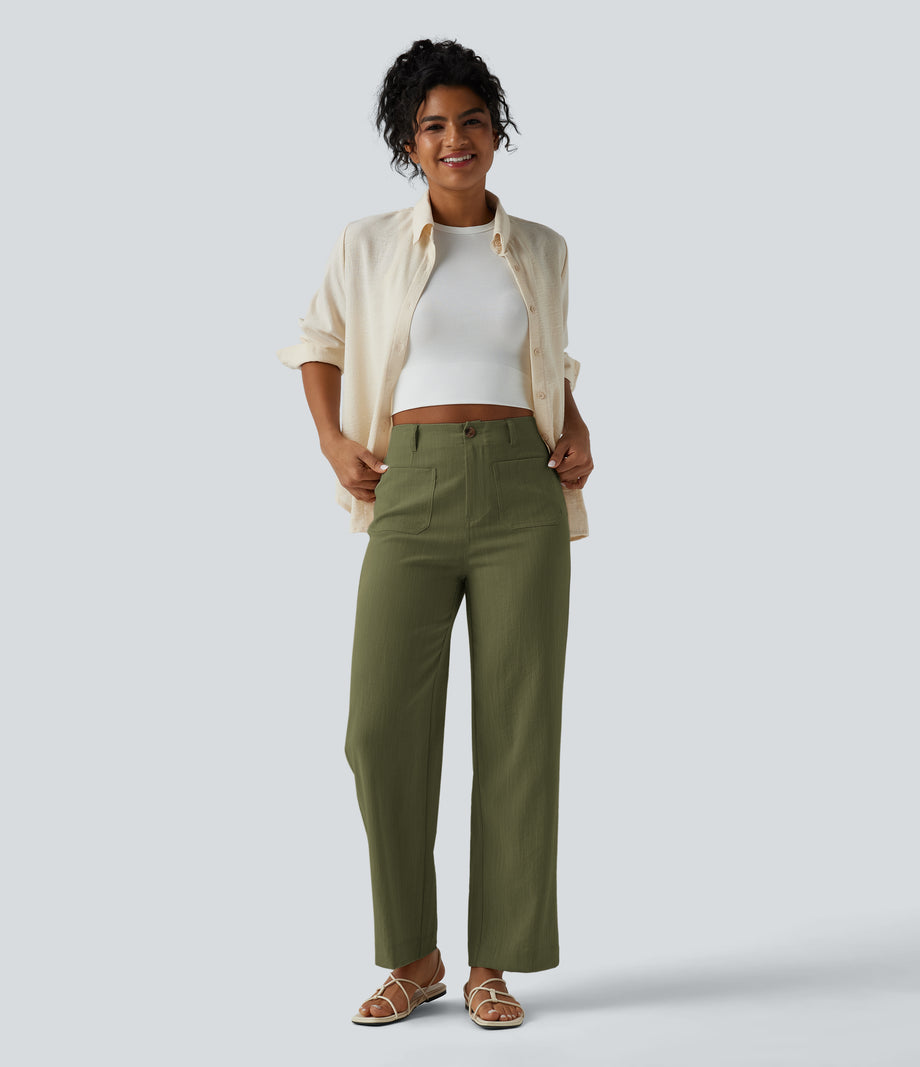 High Waisted Straight Leg Casual Linen-Feel Pants with Pockets - Moss Dune Green