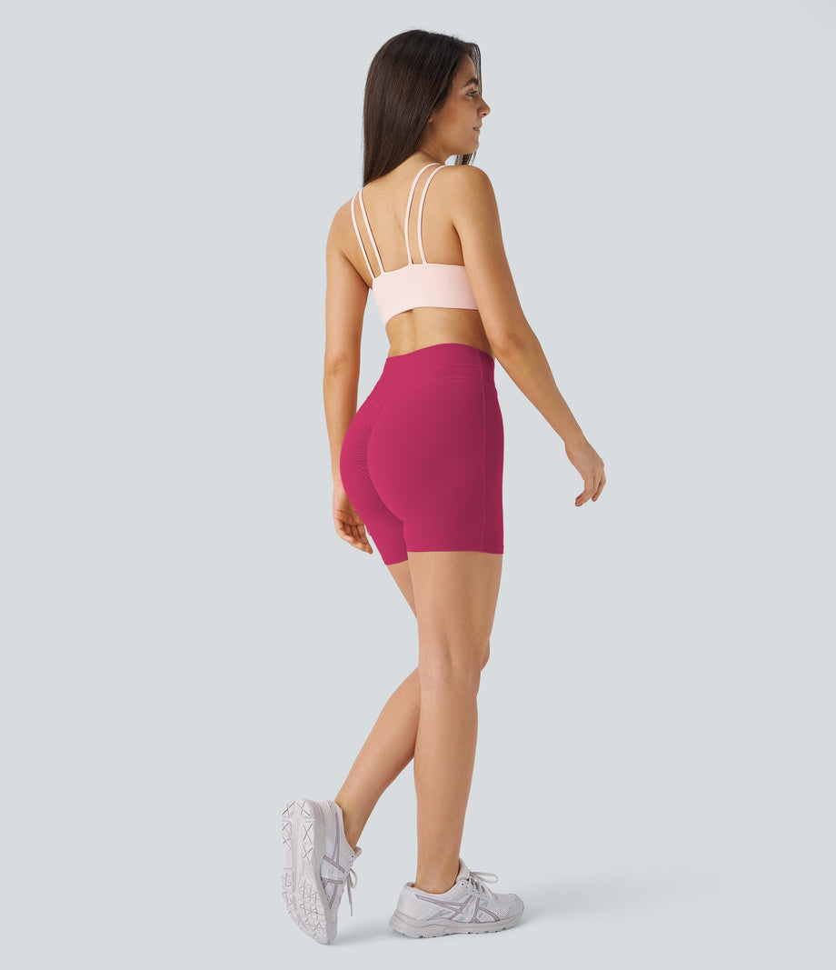 SoftlyZero™ Plush High Waisted Crossover Ruched Yoga Shorts 5'' - Cherries Jubilee
