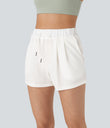 High Waisted Elastic Waistband Drawstring Pleated Yoga Shorts 3" with Pockets - White