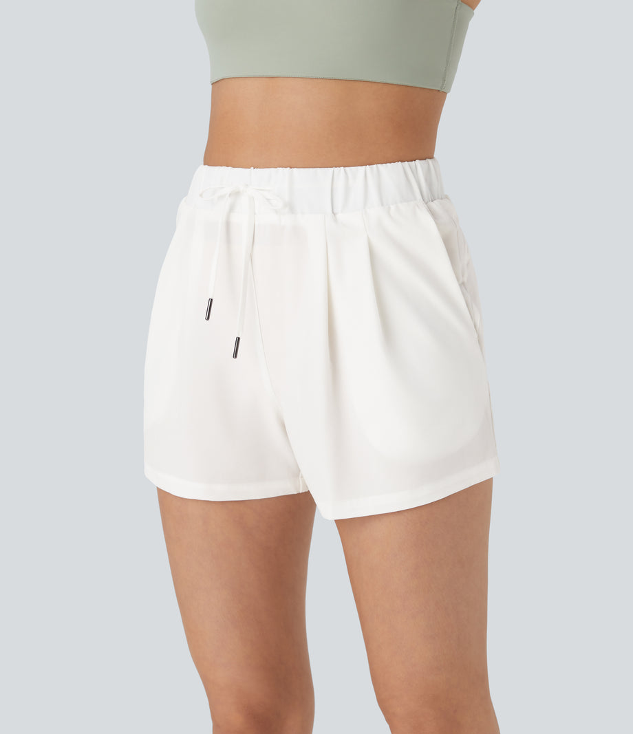 High Waisted Elastic Waistband Drawstring Pleated Yoga Shorts 3" with Pockets - White