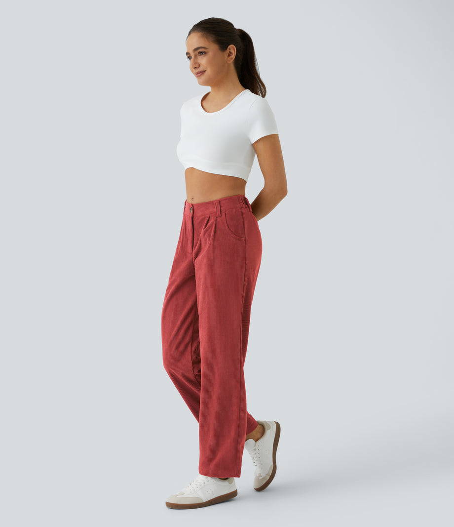 Mid Rise Zipper Pocket Corduroy Casual Pants - Baked Apple