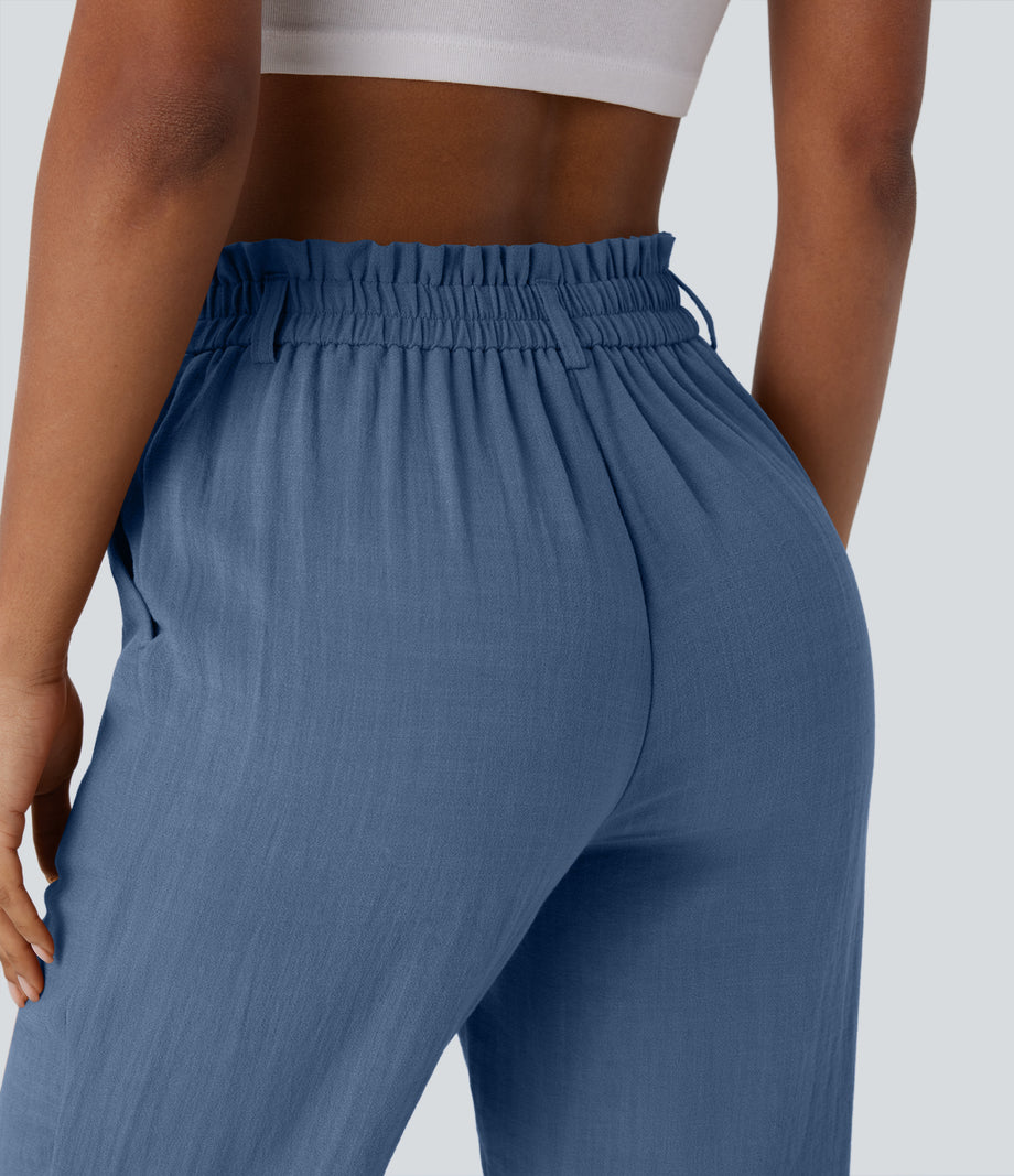 High Waisted Zipper Pocket Cropped Linen-Feel Pants - Blue Horizon
