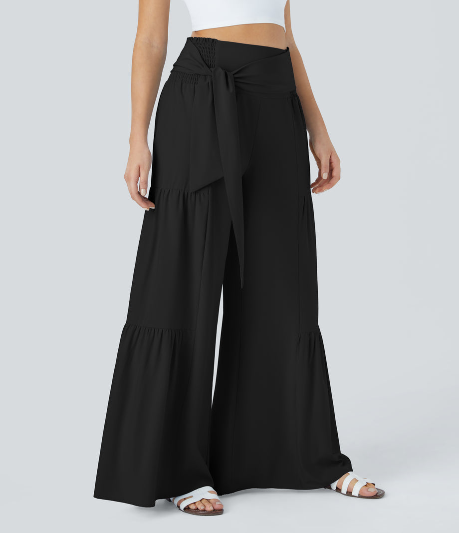 Breezeful™ High Waisted Shirred Tie Front & Back Wide Leg Flowy Quick Dry Casual Pants - Black