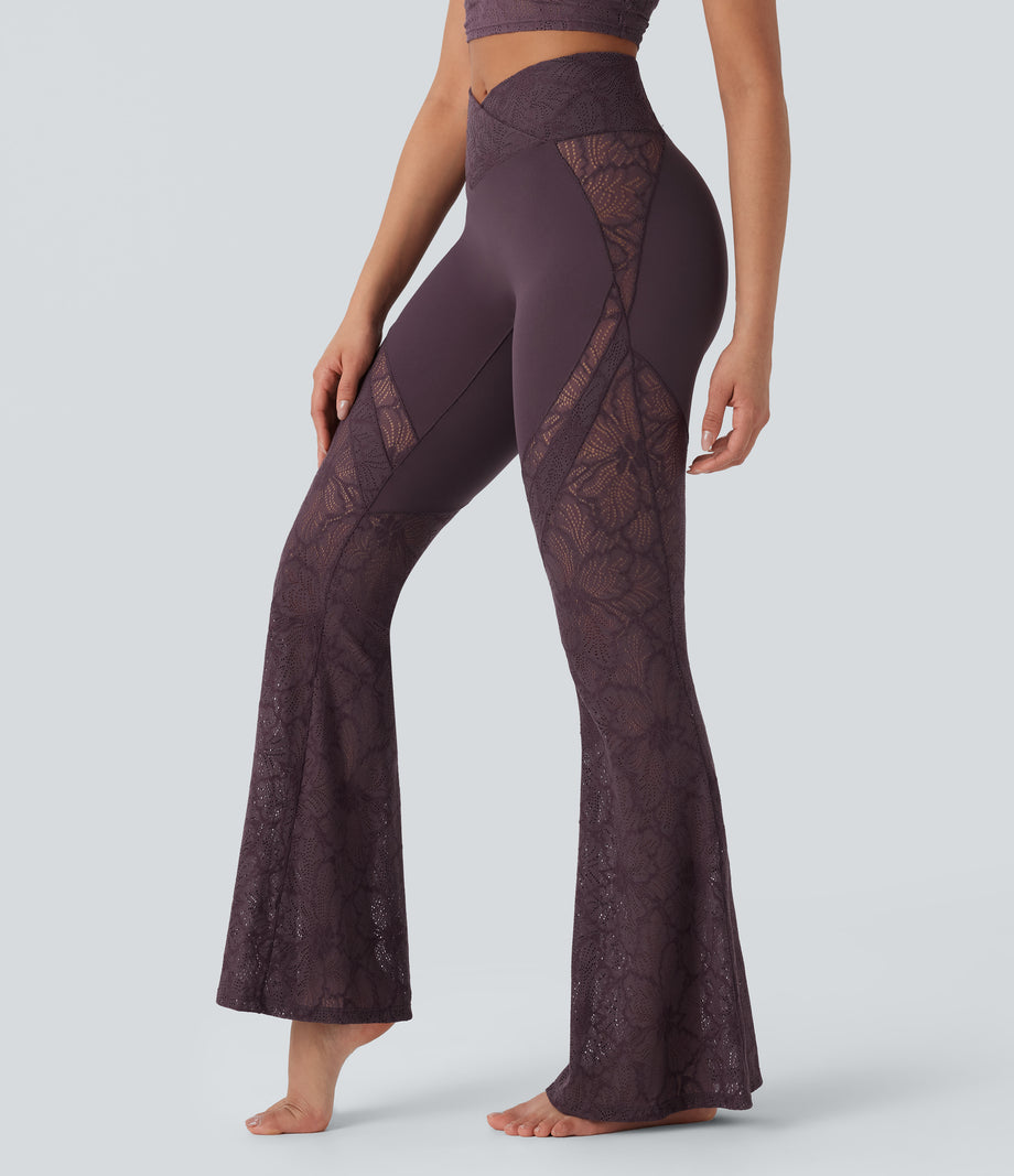 SoftlyZero™ High Waisted Crossover Pocket Contrast Lace Flare Yoga Leggings - Dusky Evening purple
