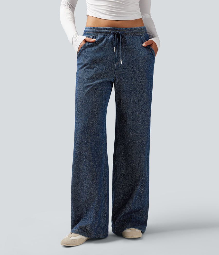 Celeste L'Amour Flex™ Low Rise Drawstring Wide Leg Sparkle Casual Sweatpants Jeans with Pockets