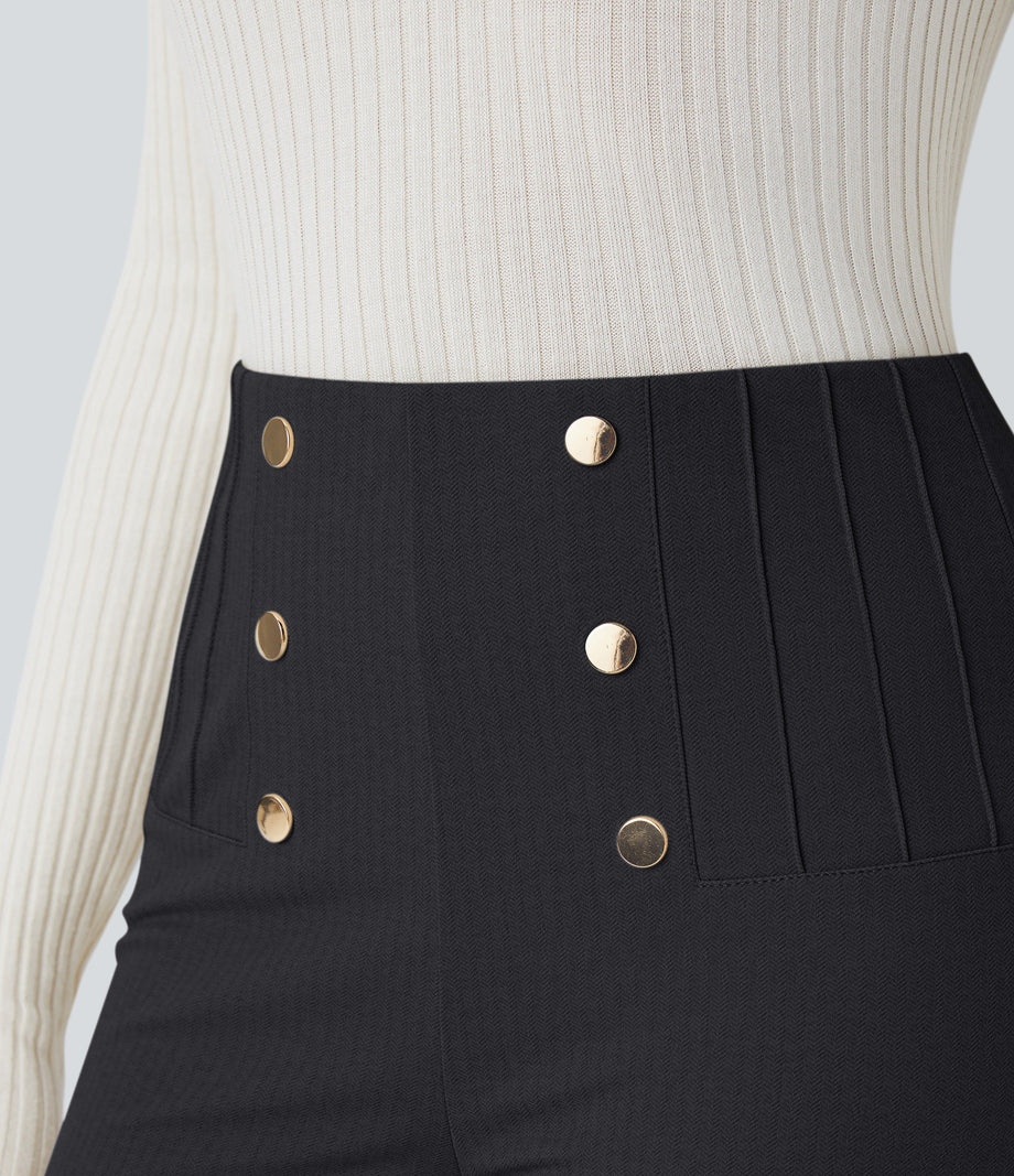 High Waisted Tummy Control Decorative Back Zipper Pockets Herringbone Work Leggings - Blue Graphite