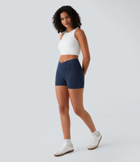 Halara Flex™ High Waisted Crossover Pocket Denim Casual Shorts 3" - Washed Denim Navy Blue