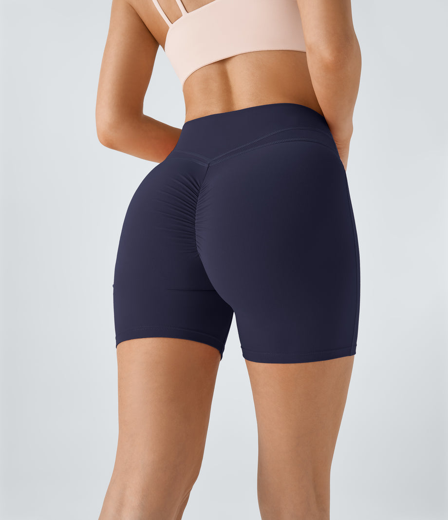 SoftlyZero™ Plush High Waisted Crossover Ruched Yoga Shorts 5'' - Peacoat