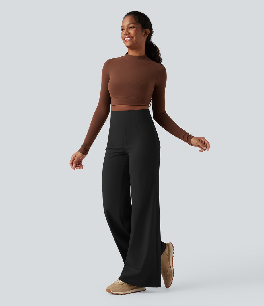 DayStretch High Waisted Tummy Control Wide Leg Baggy Yoga Pants with Pockets - Black