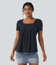 Square Neck Short Sleeve Casual Top - Dark Sapphire