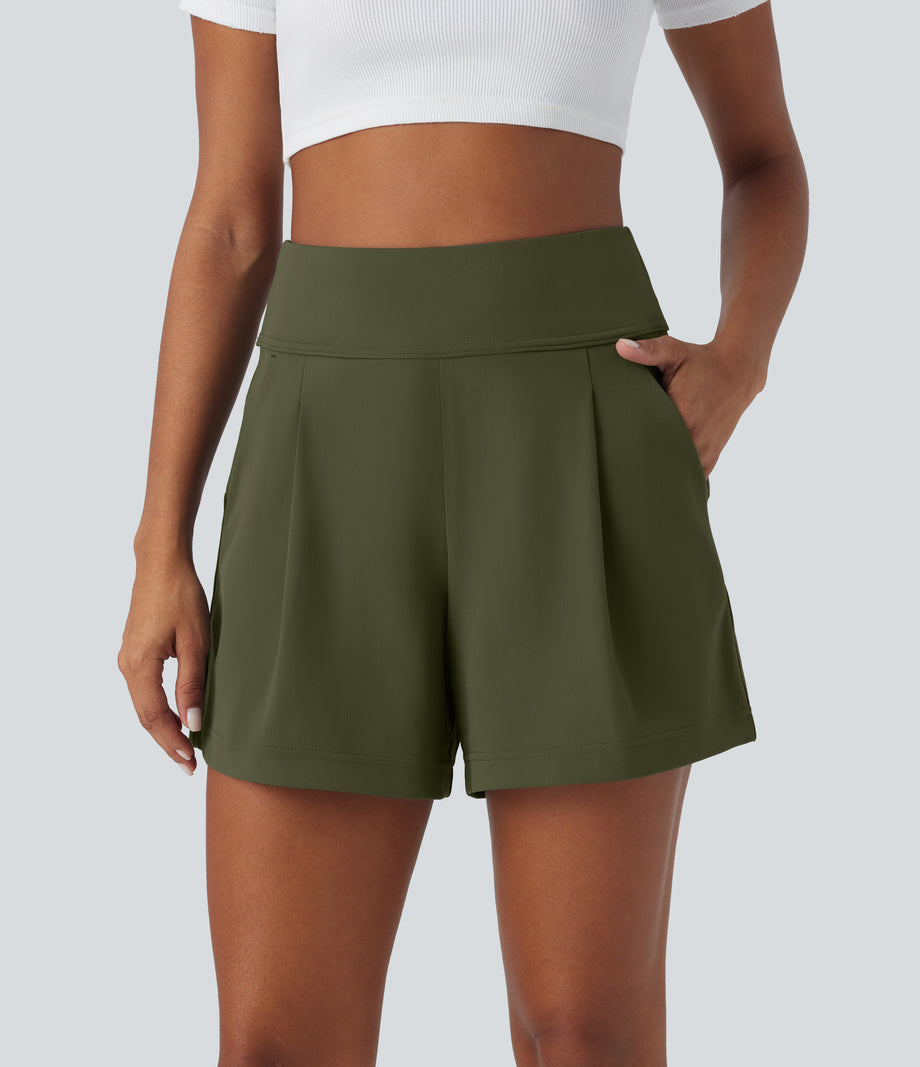 DayStretch High Waisted Work Baggy Shorts 4'' with Pockets - Forest Night