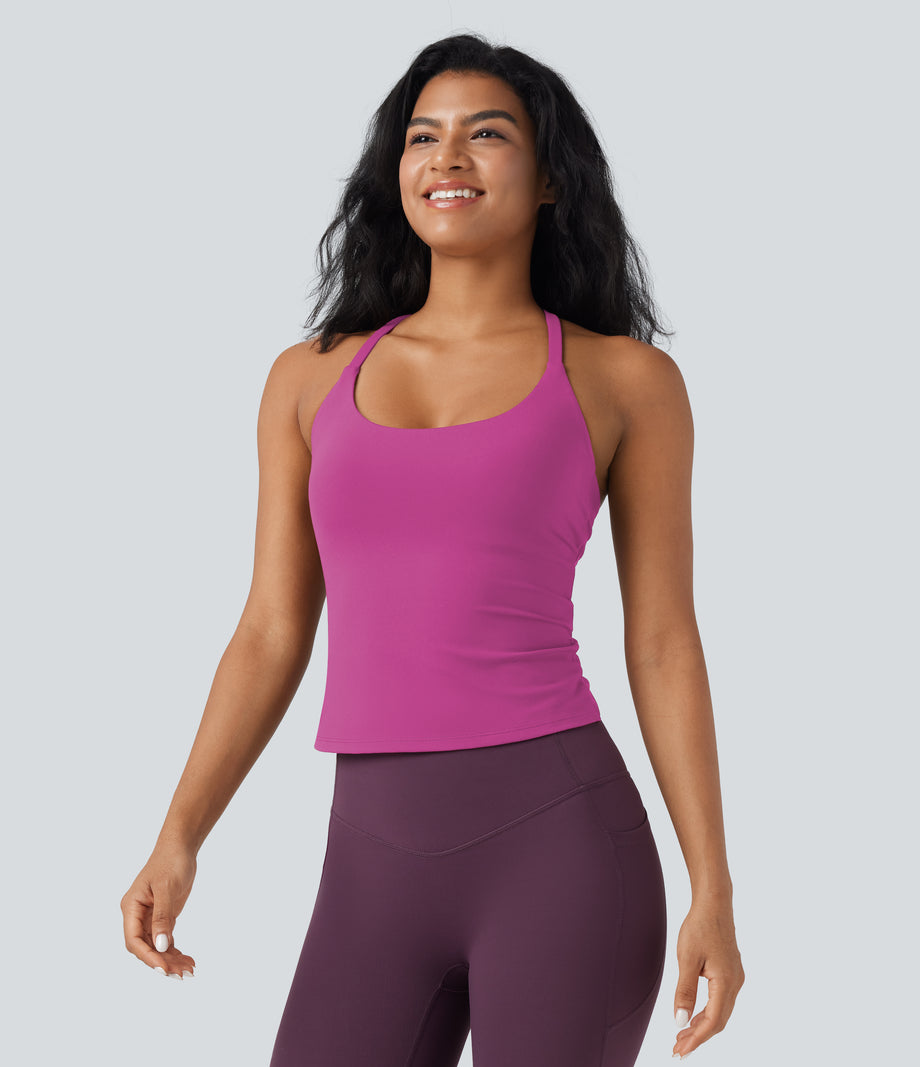 Scoop Neck Crisscross Back Crossover Hem Yoga Cami Top - Rose Violet