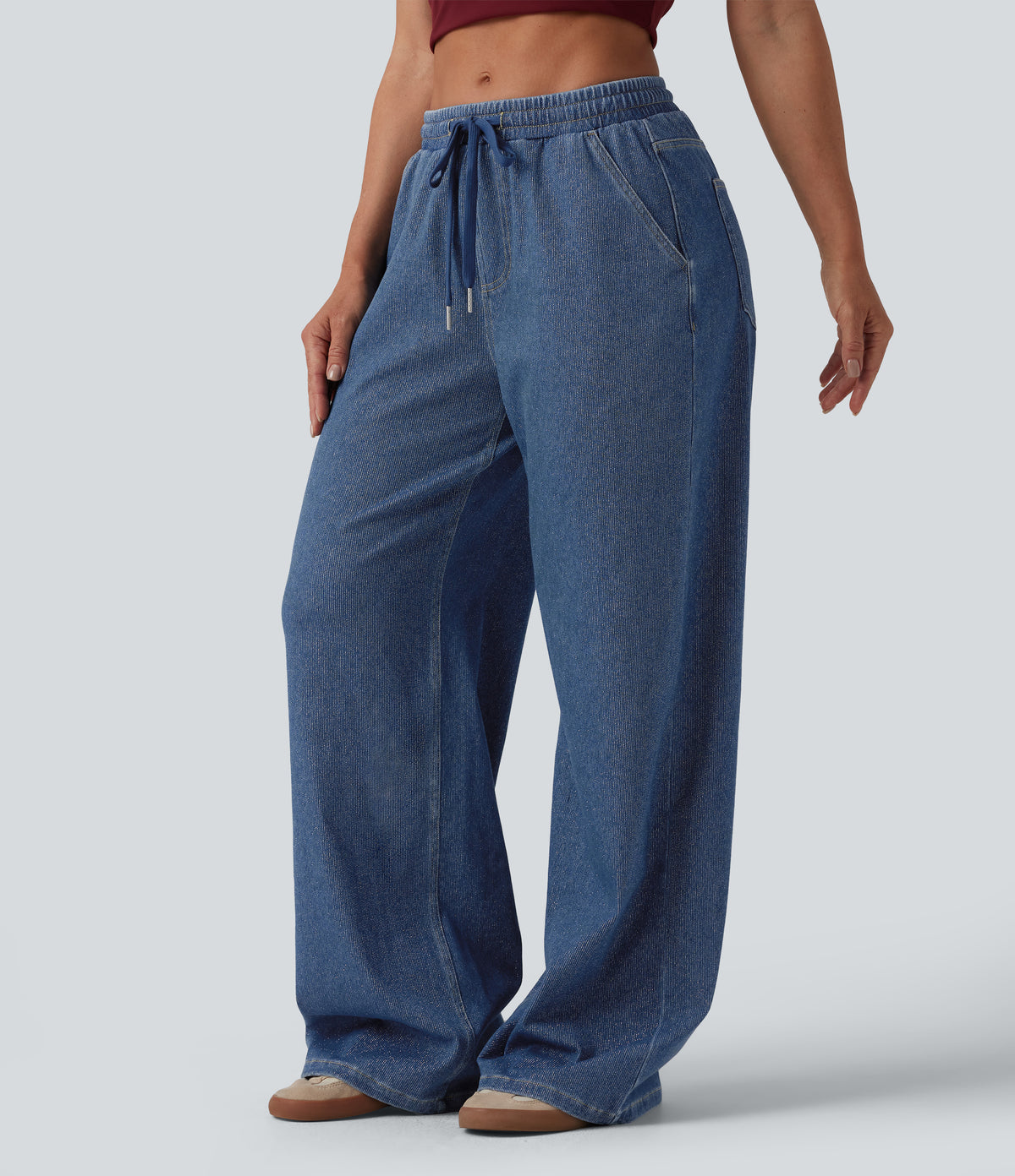Halara Flex™ Low Rise Drawstring Wide Leg Sparkle Casual Sweatpants Jeans with Pockets -  Blue Jasper Denim