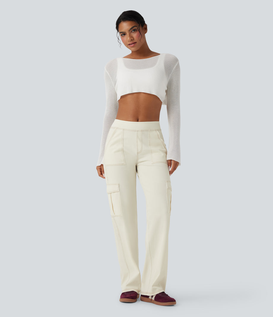 Halara Flex™ Mid Rise Pockets Straight Leg Casual Cargo Jeans - Ivory Denim