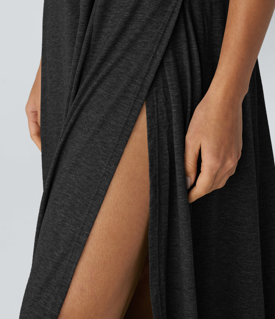 U Neck Flowy Maxi Casual Tank Dress - Black