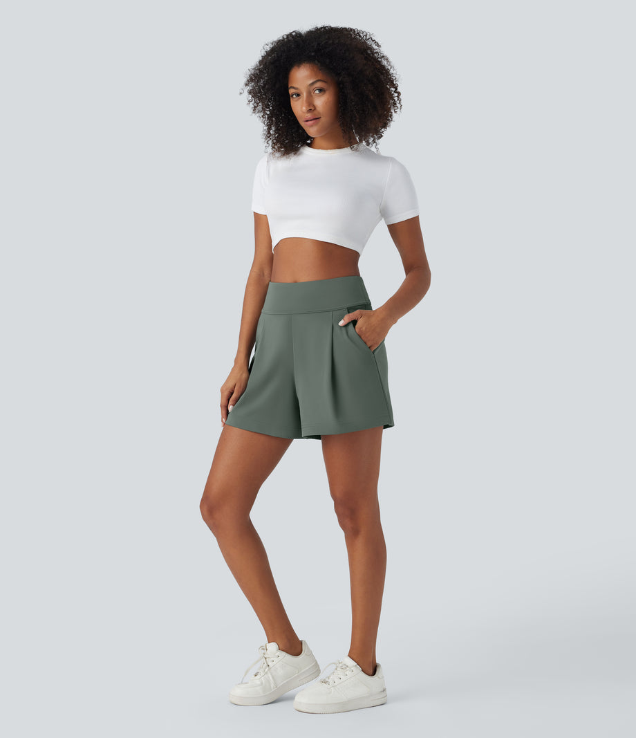 DayStretch High Waisted Work Baggy Shorts 4'' with Pockets - Deep Aquamarine