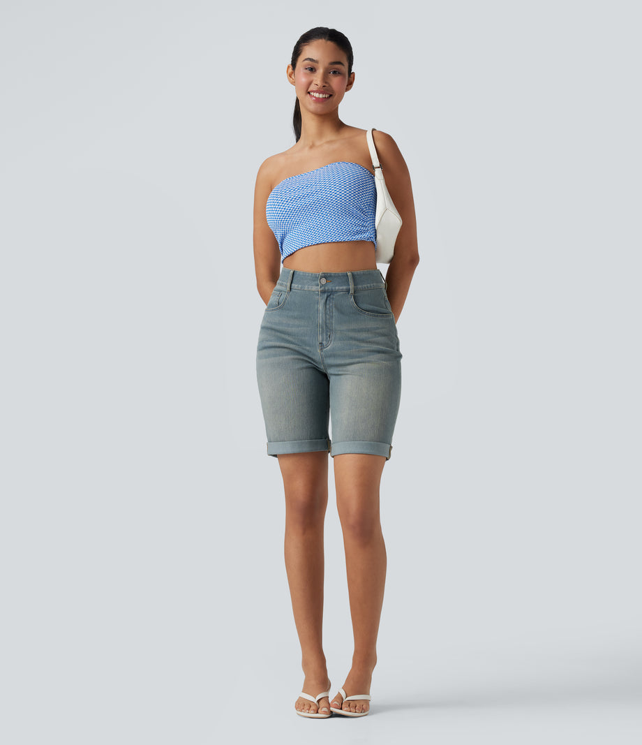 Halara Flex™ High Waisted Pockets Rolled Hem Washed Denim Casual Bermuda Shorts - Blue Surf Denim