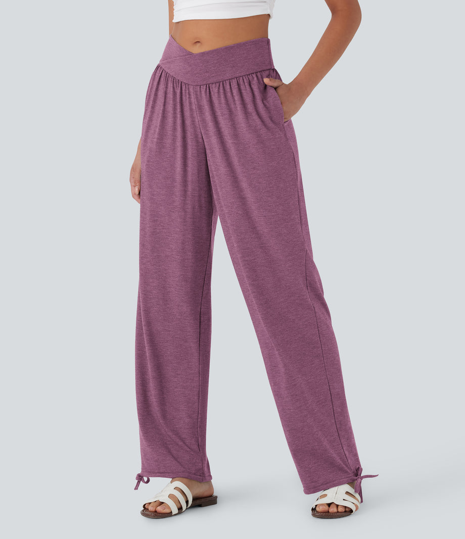 Crossover High Waisted Pocket Drawstring Casual Joggers - Red Violet Floral Yarn