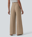 High Waisted Drawstring Wide Leg Casual Linen-Blend Pants with Pockets - Burro
