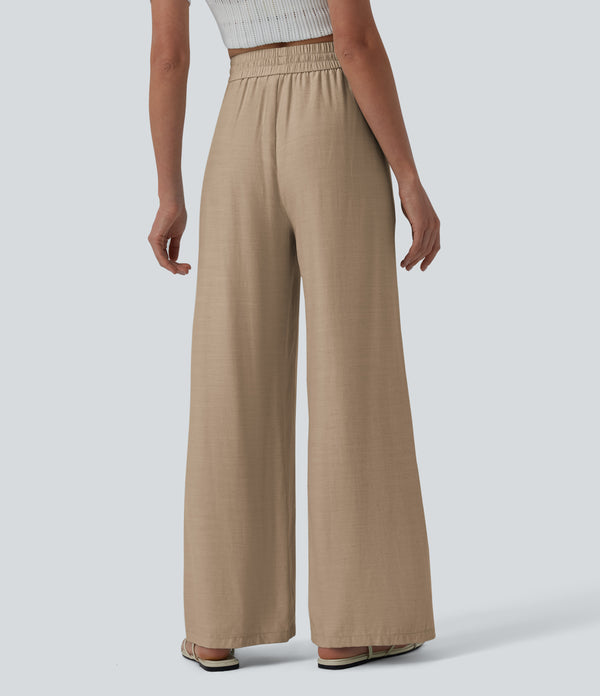 High Waisted Drawstring Wide Leg Casual Linen-Blend Pants with Pockets - Burro