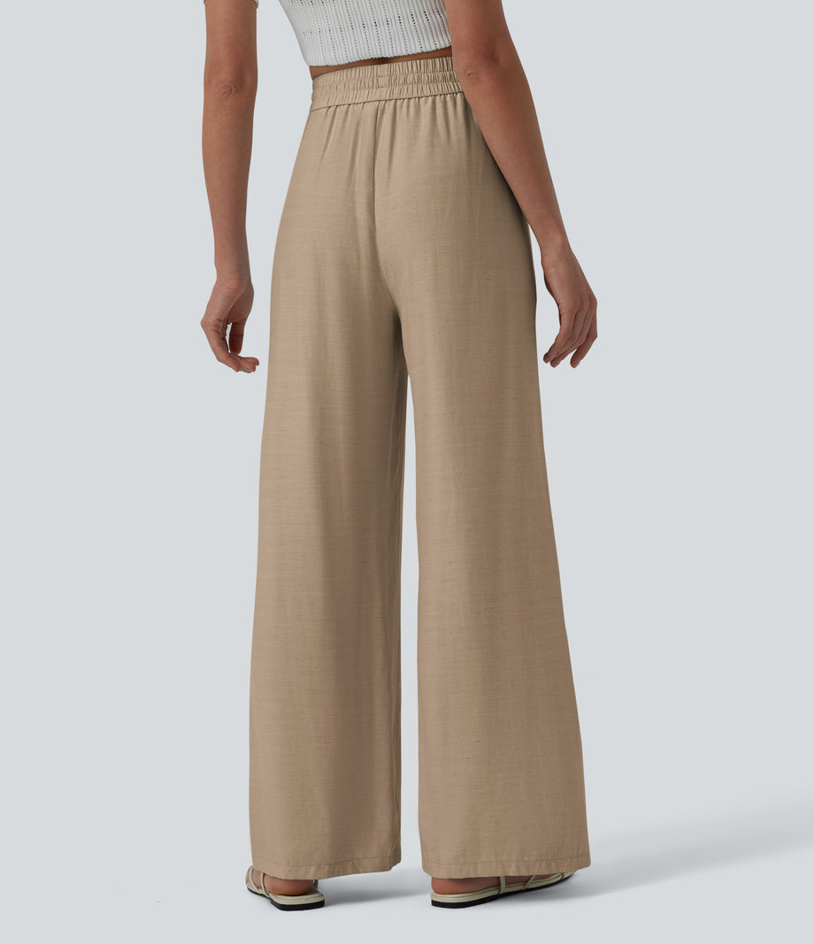 High Waisted Drawstring Wide Leg Casual Linen-Blend Pants with Pockets - Burro