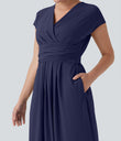 Breezeful™ V Neck Short Sleeve Pocket Tie Back Quick Dry Midi Casual Dress - Patriot Blue