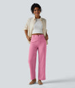 High Waisted Straight Leg Casual Linen-Feel Pants with Pockets - Dusty Rose Weave