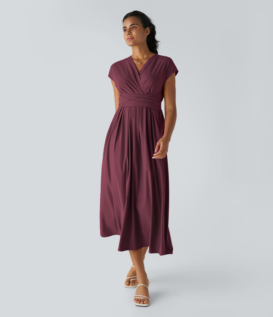 Breezeful™ V Neck Short Sleeve Pocket Tie Back Quick Dry Midi Casual Dress-Longer Length - Amaranth