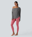 One Shoulder Long Sleeve Thumb Hole Curved Hem High Low Quick Dry Yoga Sports Top-Built-in Bra - Steel Gray