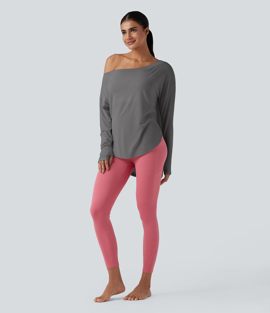 One Shoulder Long Sleeve Thumb Hole Curved Hem High Low Quick Dry Yoga Sports Top-Built-in Bra - Steel Gray