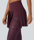Breezeful™ High Waisted Pleated 2-in-1 Contrast Mesh Quick Dry Dance Stirrup Skirted Leggings with Pockets - Amaranth