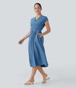 Breezeful™ V Neck Short Sleeve Pocket Tie Back Quick Dry Midi Casual Dress - Pacific Coast