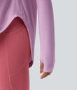 One Shoulder Long Sleeve Thumb Hole Curved Hem High Low Quick Dry Yoga Sports Top-Built-in Bra - Orchid Bouquet