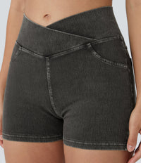 Halara Flex™ High Waisted Crossover Pocket Denim Casual Shorts 3" - Hemp Rope Black Denim