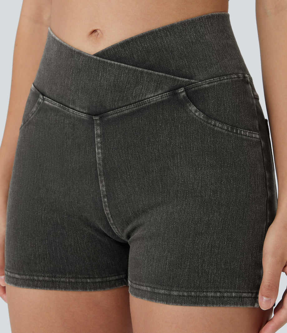 Halara Flex™ High Waisted Crossover Pocket Denim Casual Shorts 3" - Hemp Rope Black Denim