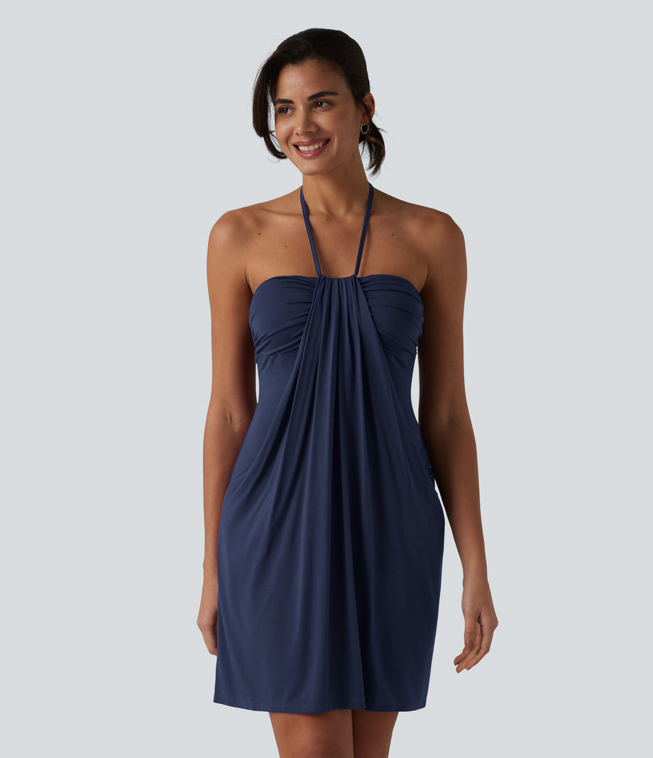 Halter Tie Back Mini Resort Dress with Pockets - Naval Academy