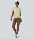 Round Neck Short Sleeve Ruched Cool Touch Yoga Sports Top-UPF50+ - Almond Milk