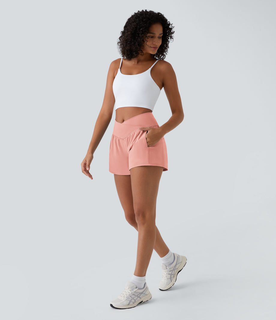 Breezeful™ High Waisted Crossover Pocket 2-in-1 Quick Dry Yoga Shorts 4" - Blossom