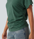 V-neck Short Sleeve Ruched Relaxed Casual Top - Emerald Floral Yarn