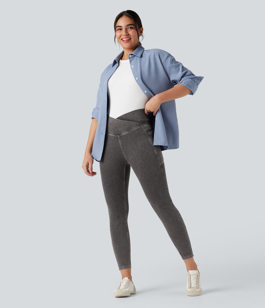 Halara Flex™ Crossover Pocket Washed Denim Work Leggings - Cool Gray Denim