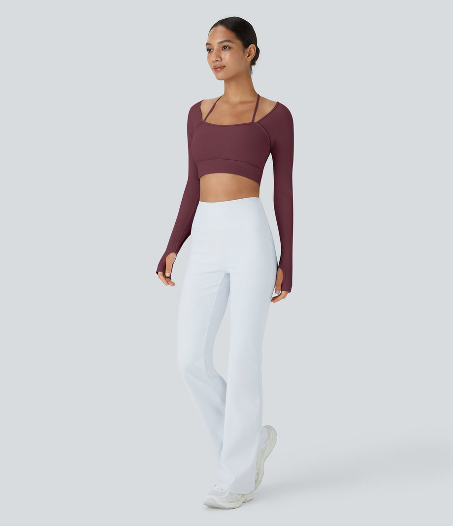 Ribbed Halter Strap Thumb Hole Cropped Yoga Sports Top - Maroon Banner