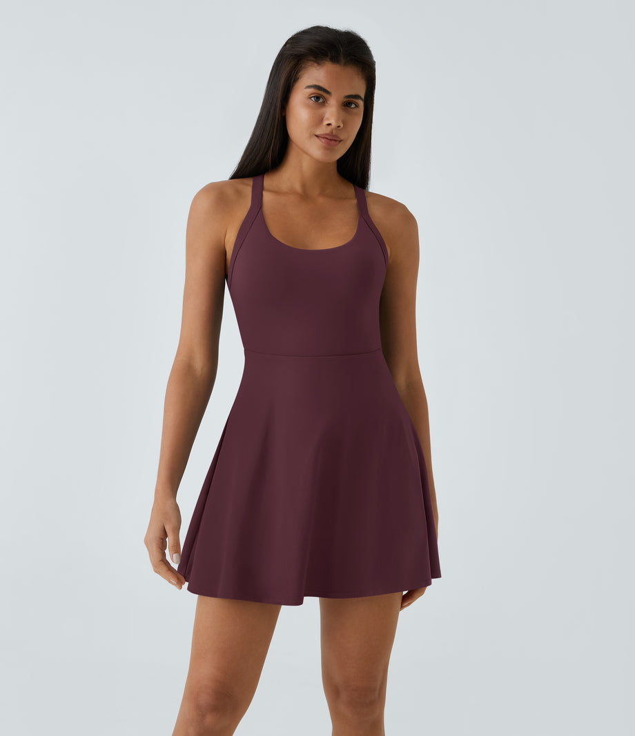 SoftlyZero™ Airy Backless Twisted Flare Low Support Dance Active Dress-Longer Length-Easy Peezy Edition A-D Cups - Fig
