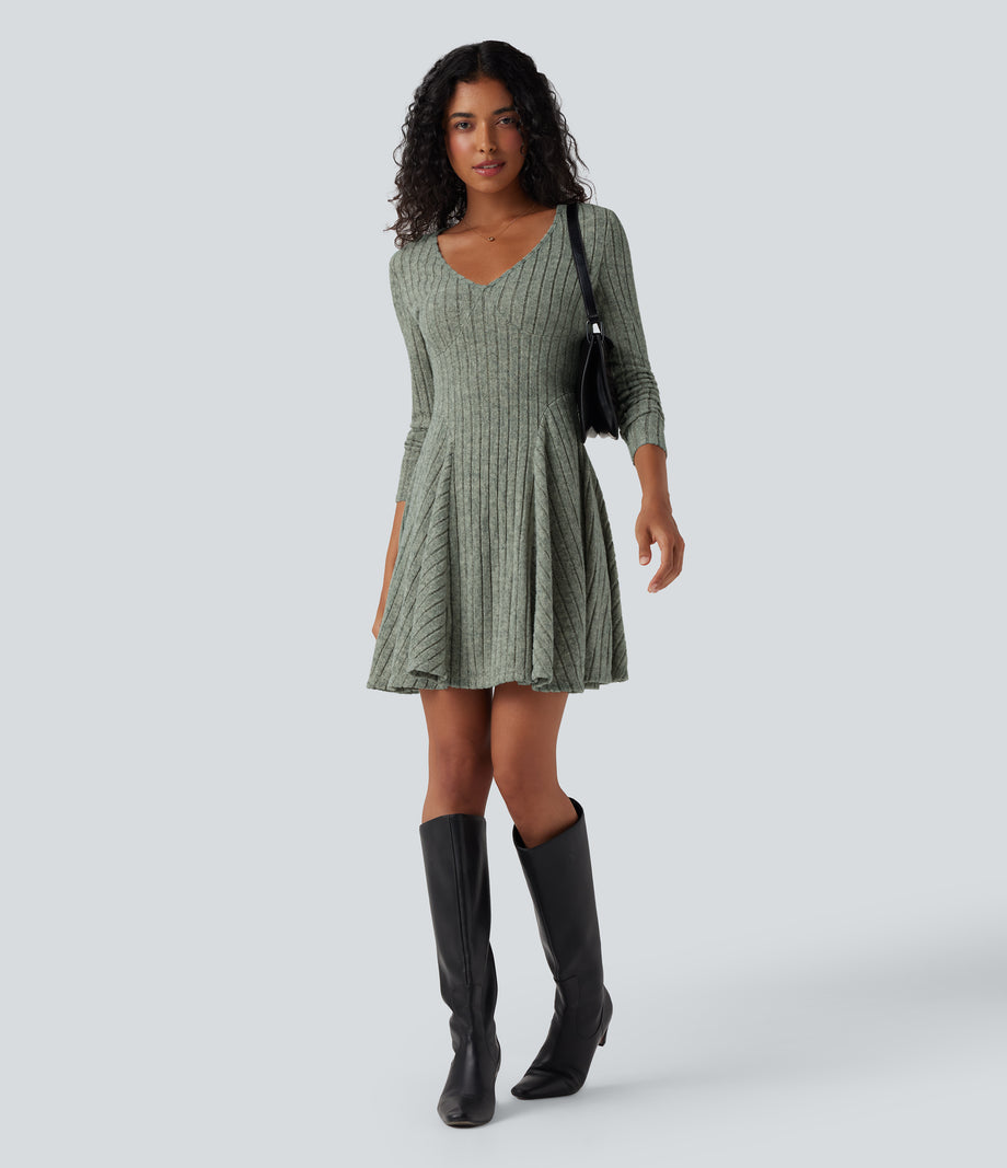 Ribbed Knit V Neck Long Sleeve Flare Mini Casual Dress with Pockets - Wrought Iron