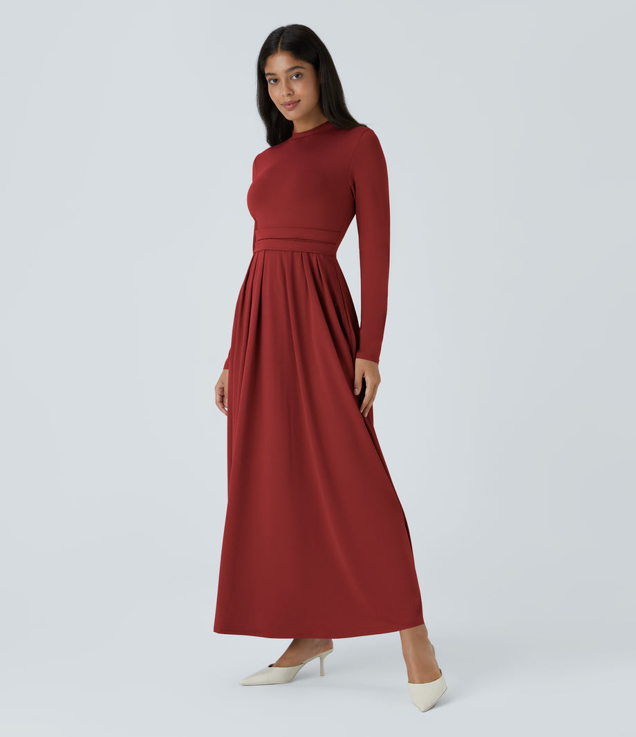 Mock-neck Long Sleeve Pocket Flare Maxi Casual Dress - Emboldened