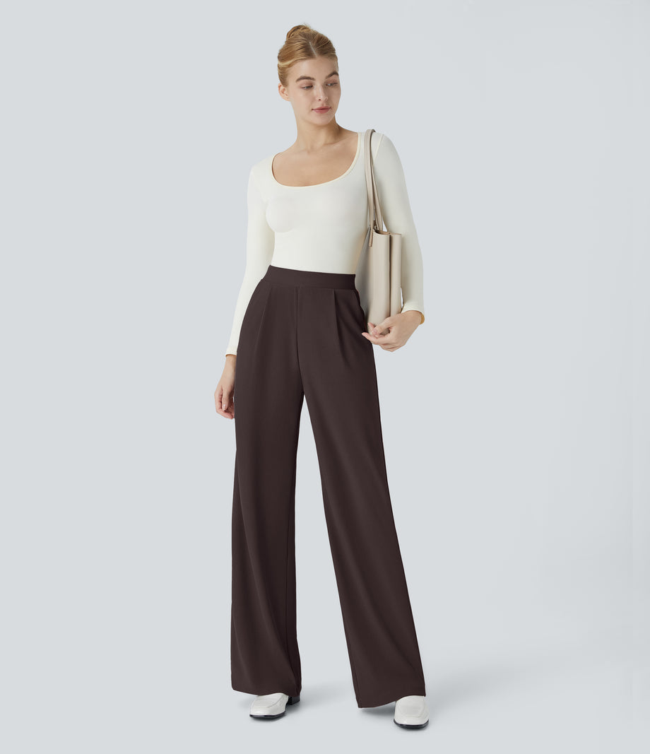 Halara Flex™ High Waisted Body Sculpt Waist-Slimming Pocket Wide Leg Micro Waffle Work Pants - Chocolate Torte