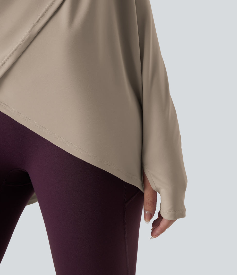 Hooded Cowl Neck Long Sleeve Thumb Hole Yoga Sports Top with Pockets - Humus