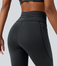 High Waisted Drawstring Striped Yoga Leggings with Pockets - Steel Stripe