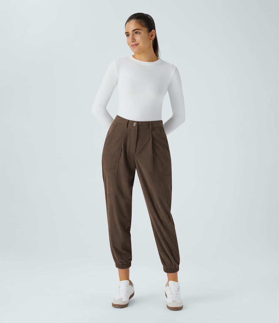 Mid Rise Zipper Pockets Corduroy Casual Joggers - Demitasse
